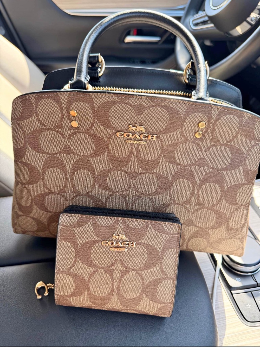 Coach Brown Signature Canvas Satchel with Black Handles and Gold Hardware